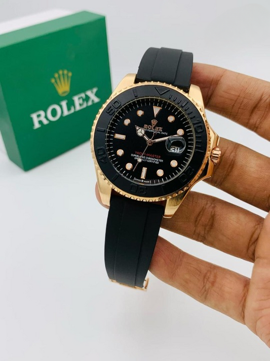 Rolex Yacht-Master Style Golden Watch Men Rubber Strap Master Lock - Trusticart Store